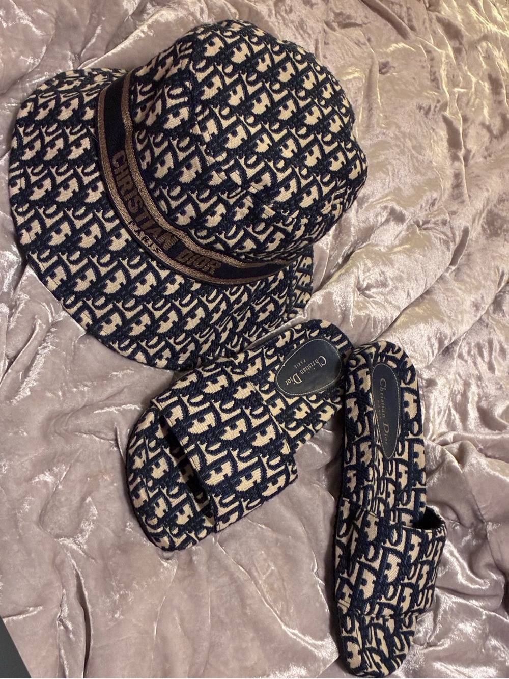 Navy & Cream CD Monogram Bucket Hat and Slide Bundle